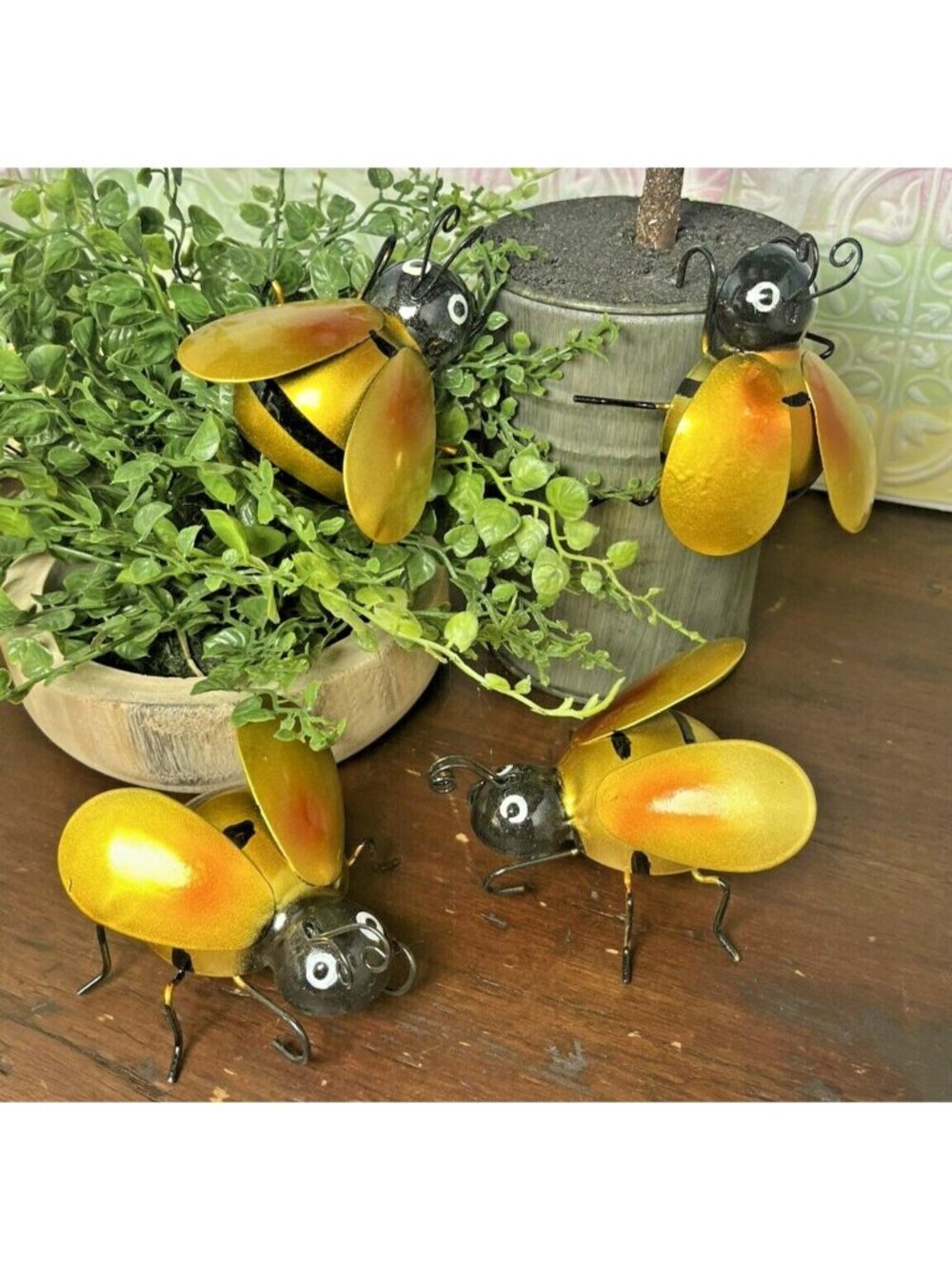 4 pc Gold Small Beetle Bug WHIMSICAL Garden Statue Pot Sitter Flying Bug U56